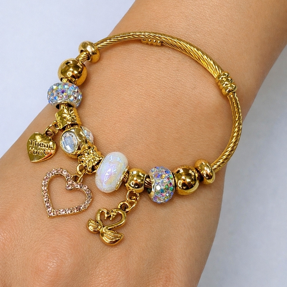✨ Gold Charm Bracelet with Crystal Beads, Heart & Swan